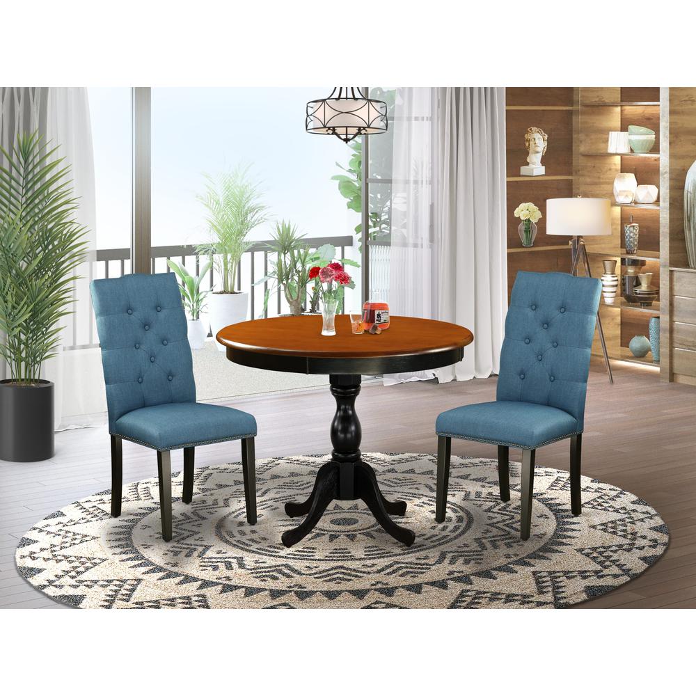 East West Furniture 3-Pc Dining Table Set Includes a Wooden Dining Table and 2 Blue Linen Fabric Parson Chairs with Button Tufted Back - Black Finish