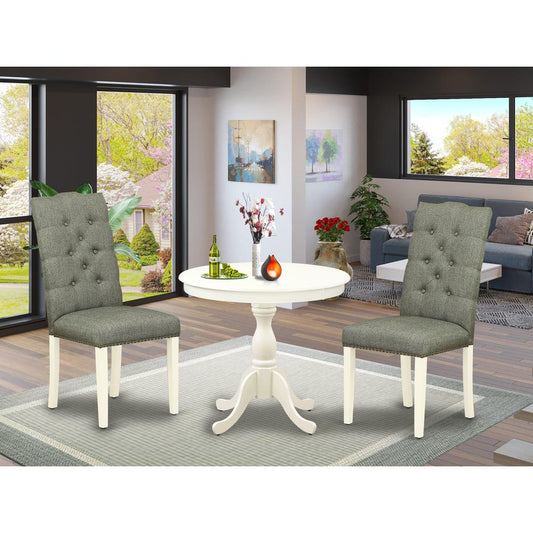 AMEL3-LWH-07 3 Piece Dining Set - 1 Round Pedestal Table and 2 Smoke Dining Room Chairs - Linen White Finish