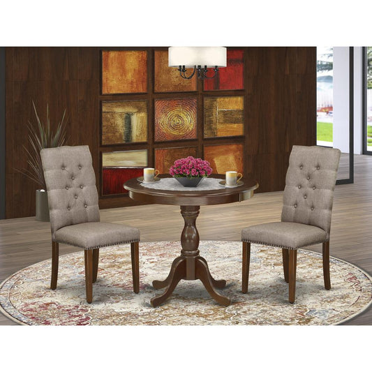 AMEL3-MAH-16 3 Piece Dining Table Set - 1 Dinner Table and 2 Dark Khaki Upholstered Chairs - Mahogany Finish