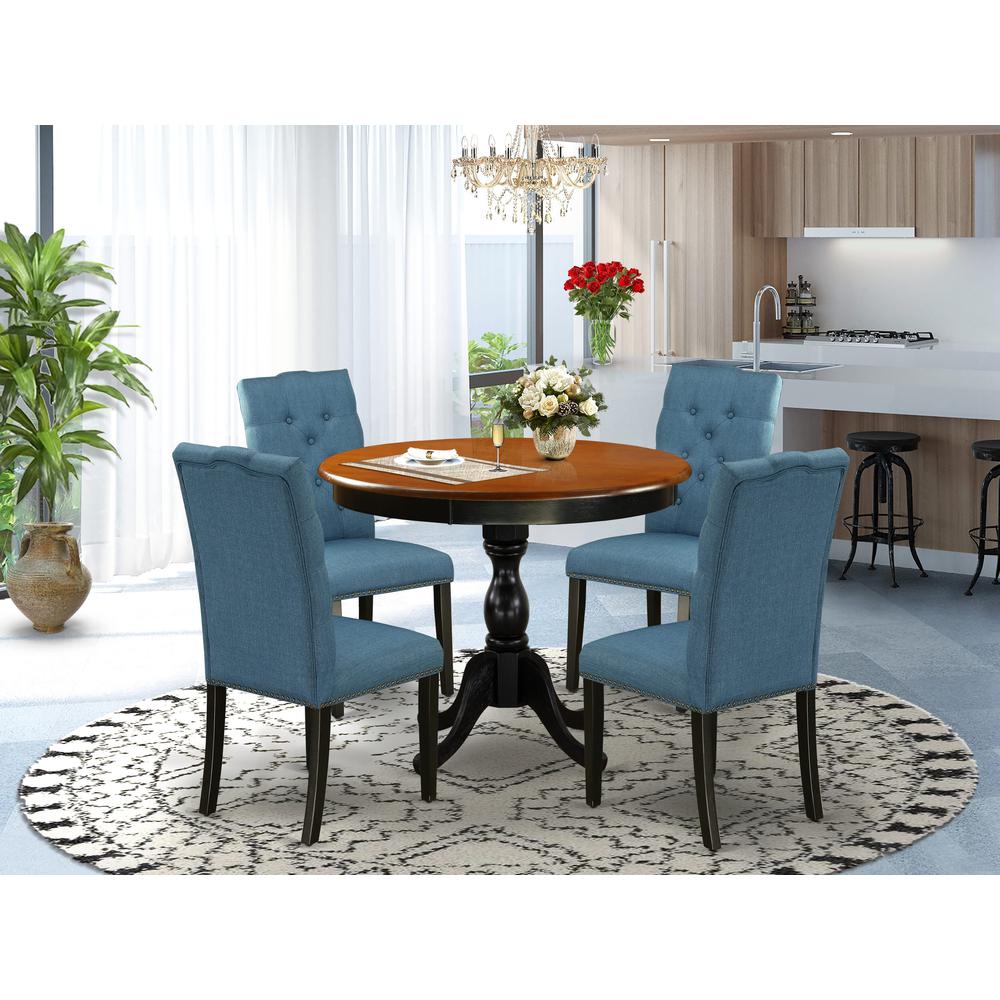 East West Furniture 5-Piece Kitchen Dining Table Set Includes a Round Dining Table and 4 Blue Linen Fabric Kitchen Chairs with Button Tufted Back - Black Finish