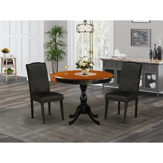 East West Furniture 3-Piece Dinner Table Set Includes a Kitchen Dining Table and 2 Black PU Leather Padded Chairs with High Back - Black Finish