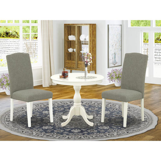 AMEN3-LWH-06 3 Piece Dining Set - 1 Pedestal Table and 2 Dark Shitake Dining Room Chair - Linen White Finish