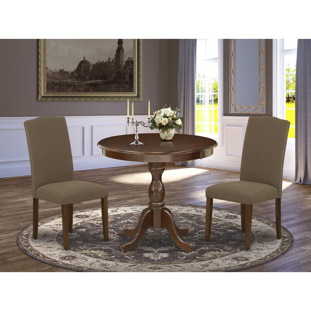 AMEN3-MAH-18 3 Piece Dining Table Set - 1 Pedestal Table and 2 Dark Coffee Dining Chairs - Mahogany Finish