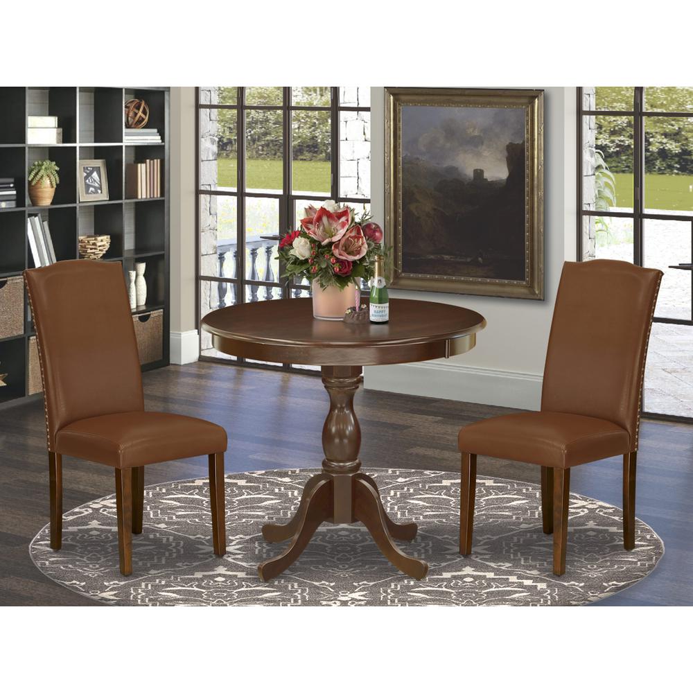 AMEN3-MAH-66 3 Piece DINETTE SET - 1 Wooden Dining Table and 2 Brown Upholstered Chairs - Mahogany Finish