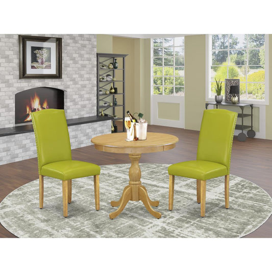 AMEN3-OAK-51 3 Piece Wooden Dining Table Set - 1 Pedestal Table and 2 Autumn Green Parsons Chair - Oak Finish