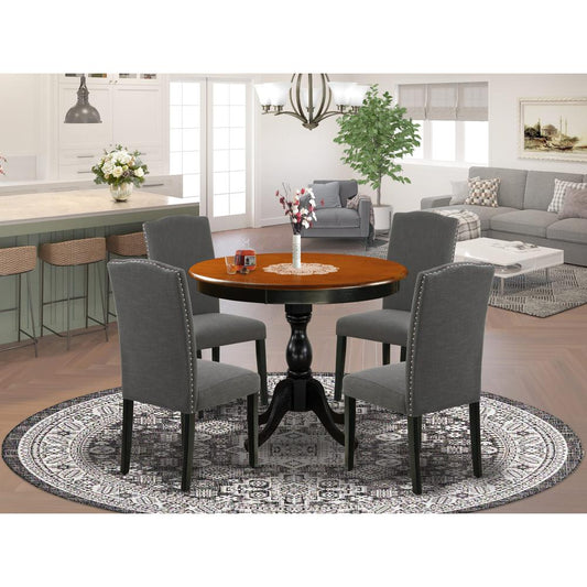 East West Furniture 5-Pc Round Kitchen Table Set Contains a Wood Kitchen Table and 4 Dark Gotham Grey Linen Fabric Kitchen Chairs with High Back - Black Finish