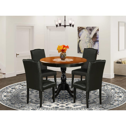 East West Furniture 5-Piece Round Table Set Contains a Wood Kitchen Table and 4 Black PU Leather Upholstered Chairs with High Back - Black Finish