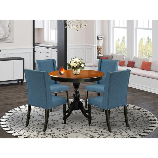 East West Furniture 5-Piece Wooden Dining Set Consists of a Kitchen Dining Table and 4 Blue Linen Fabric Dining Room Chairs with High Back - Black Finish