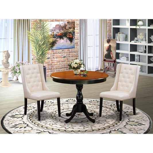 East West Furniture 3-Pc Wooden Dinette Set Consists of a Dinette Table and 2 Cream Linen Fabric Mid Century Modern Chairs with Button Tufted Back - Black Finish