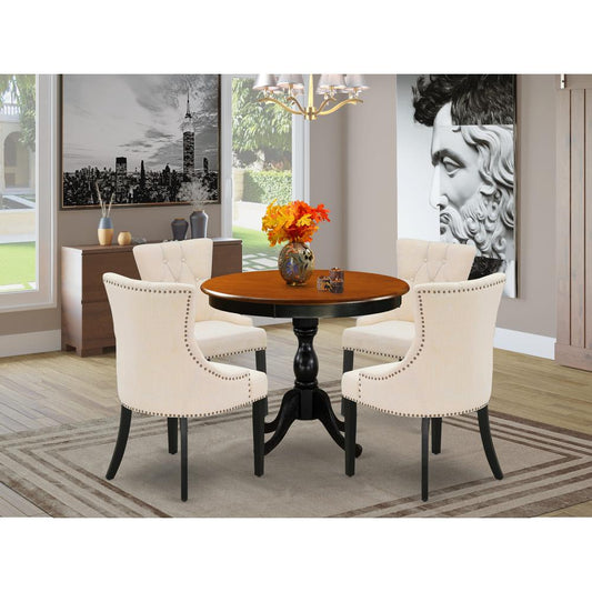 East West Furniture 5-Piece Round Dining Table Set Contains a Dining Room Table and 4 Light Beige Linen Fabric Dining Chairs with Button Tufted Back - Black Finish