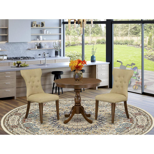 East West Furniture 3 Piece Dinning Room Table Set Contains 1 Dining Table and 2 Brown Linen Fabric Parson Dining Chairs Button Tufted Back with Nail Heads - Acacia Walnut Finish