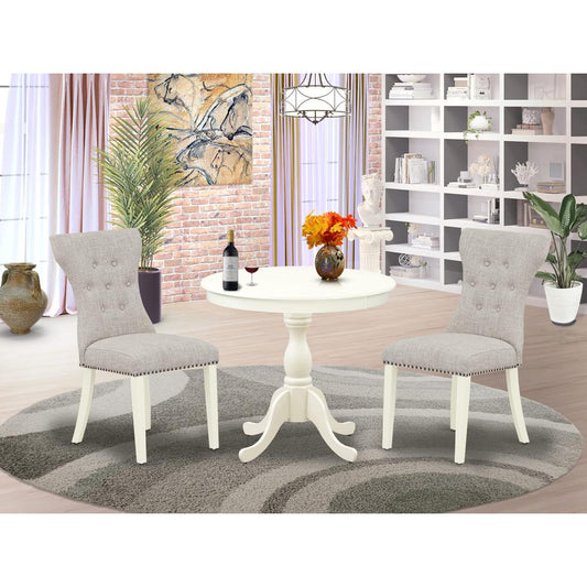 AMGA3-LWH-35 3 Pc Wood Dining Table Set - 1 Dining Table and 2 Doeskin Upholstered Chairs - Linen White Finish