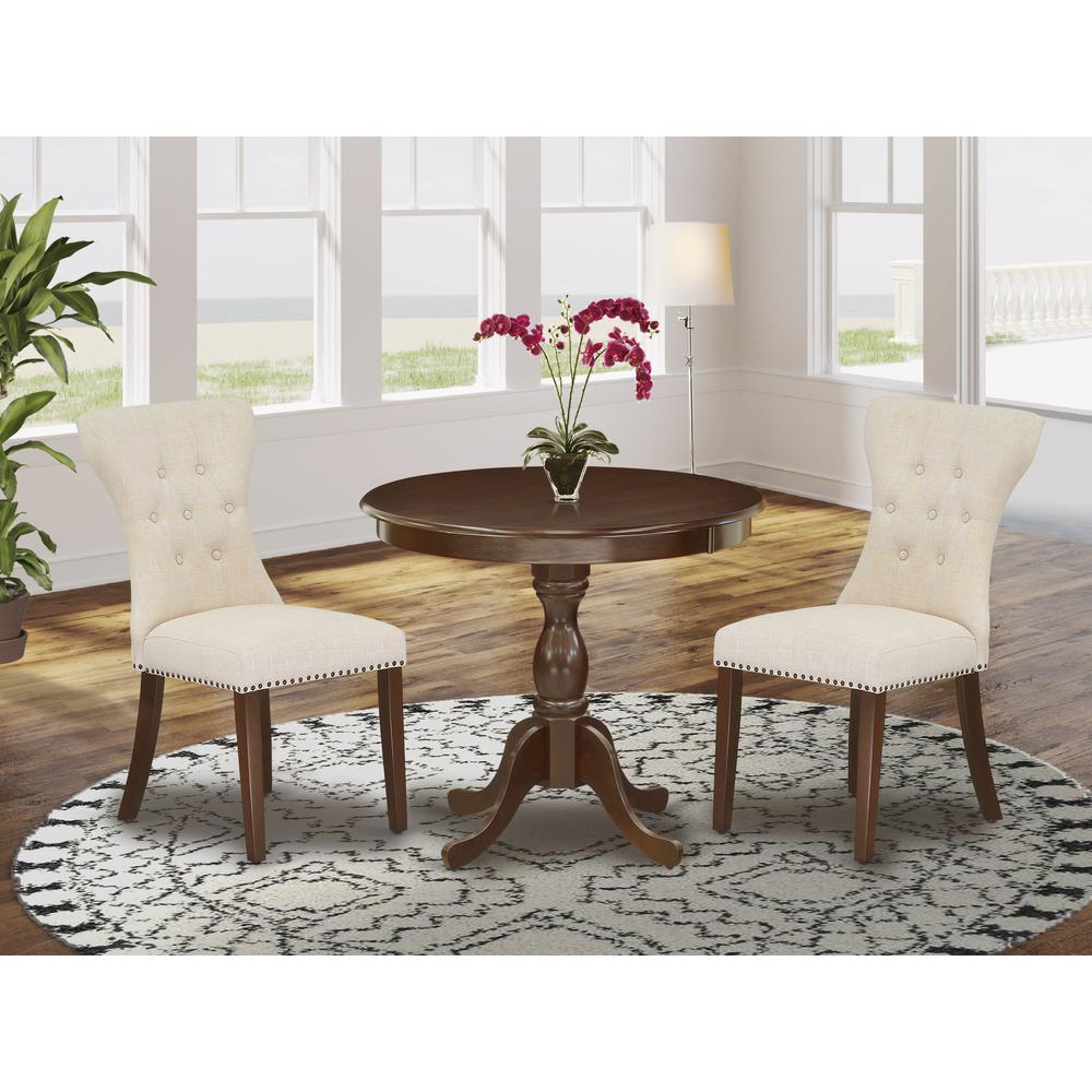 AMGA3-MAH-32 3 Piece Dining Set - 1 Mid Century Dining Table and 2 Light Beige Dining Chairs - Mahogany Finish