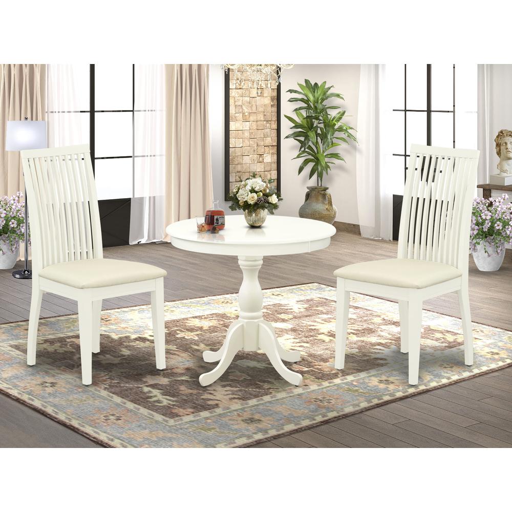 AMIP3-LWH-C 3 Piece Dining Table Set - 1 Dinner Table and 2 Linen White Kitchen Chairs - Linen White Finish