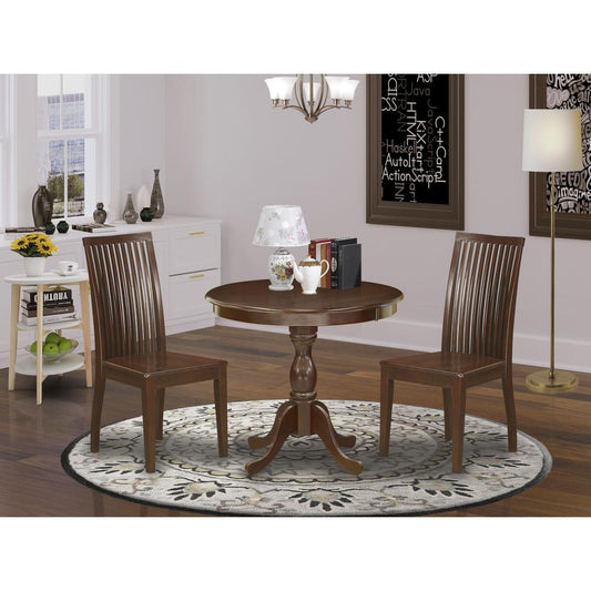 AMIP3-MAH-W 3 Piece Dining Table Set - 1 Pedestal Table and 2 Mahogany Dining Chairs - Mahogany Finish