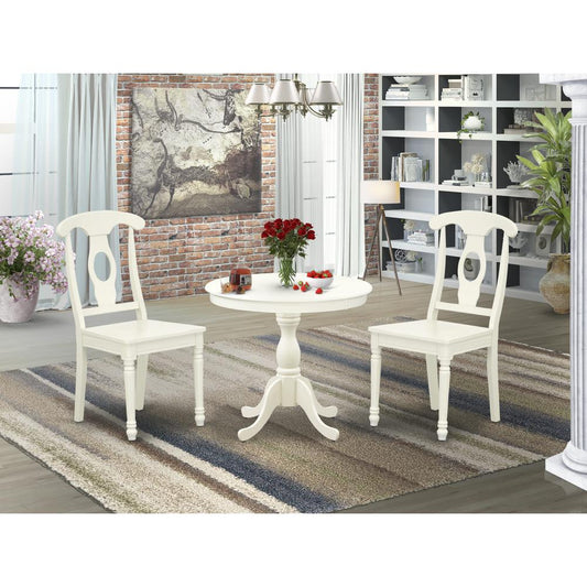 AMKE3-LWH-W 3 Piece Dining Set - 1 Pedestal Table and 2 Linen White Wooden Kitchen Chairs - Linen White Finish