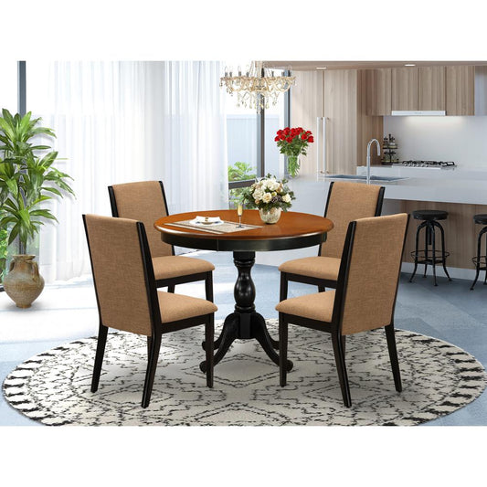 East West Furniture 5-Piece Dinning Room Set Contains a Round Dining Table and 4 Light Sable Linen Fabric Upholstered Dining Chairs with High Back - Black Finish