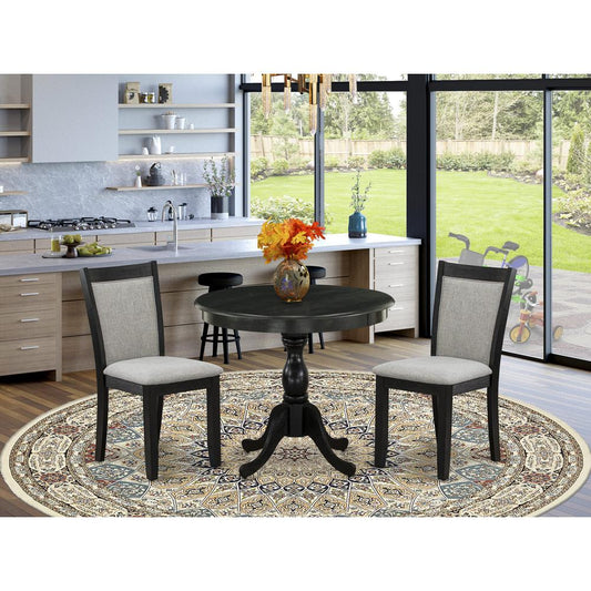 East West Furniture 3-Pc Dining Room Table Set Consists of a Wood Table and 2 Shitake Linen Fabric Parson Dining Chairs - Wire Brushed Black Finish