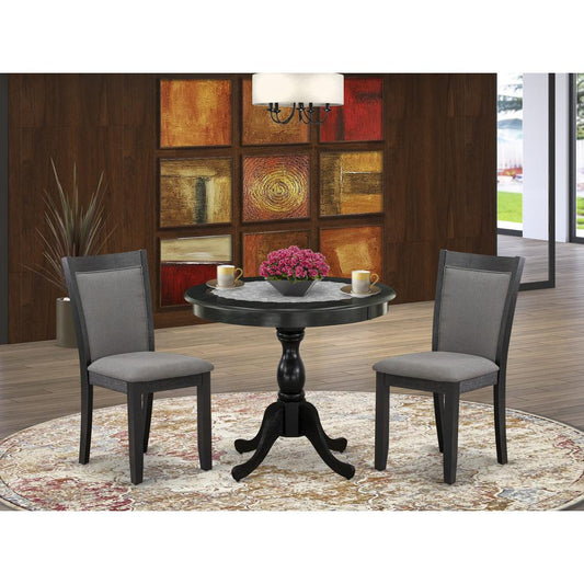 East West Furniture 3-Piece Dining Set Consists of a Round Pedestal Table with Drop Leaves and 2 Dark Gotham Grey Linen Fabric Dining Chairs - Wire Brushed Black Finish