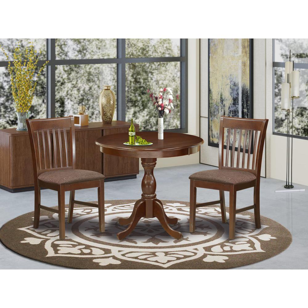 AMNF3-MAH-C 3 Piece Dining Table Set - 1 Round Pedestal Table and 2 Mahogany Dining Chairs - Mahogany Finish