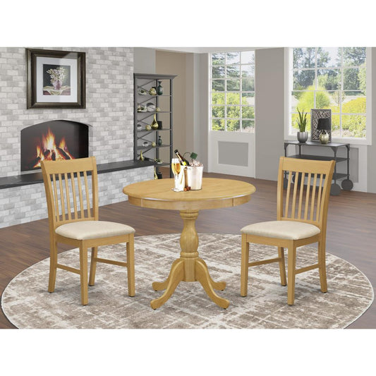 East West Furniture 3 Piece Dining Room Set Consists of 1 Wooden Dining Table and 2 Oak Linen Fabric Dining Room Chairs with Slatted Back - Oak Finish