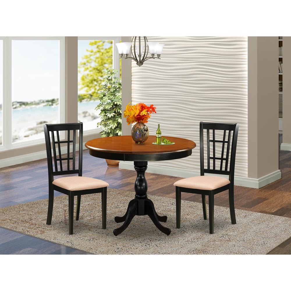 East West Furniture 3-Pc Dinning Table Set Consists of a Modern Kitchen Table and 2 Linen Fabric Mid Century Chairs with Slatted Back - Black Finish