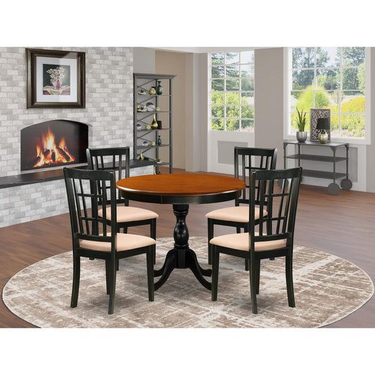 East West Furniture 5-Piece Modern Dining Set Consists of a Mid Century Dining Table and 4 Linen Fabric Dinning Room Chairs with Slatted Back - Black Finish