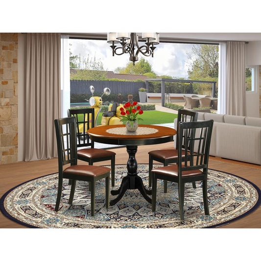 East West Furniture 5-Piece Dinette Set consisting of a Wood Table and 4 Faux Leather Dinner Chairs with Slatted Back- Black Finish