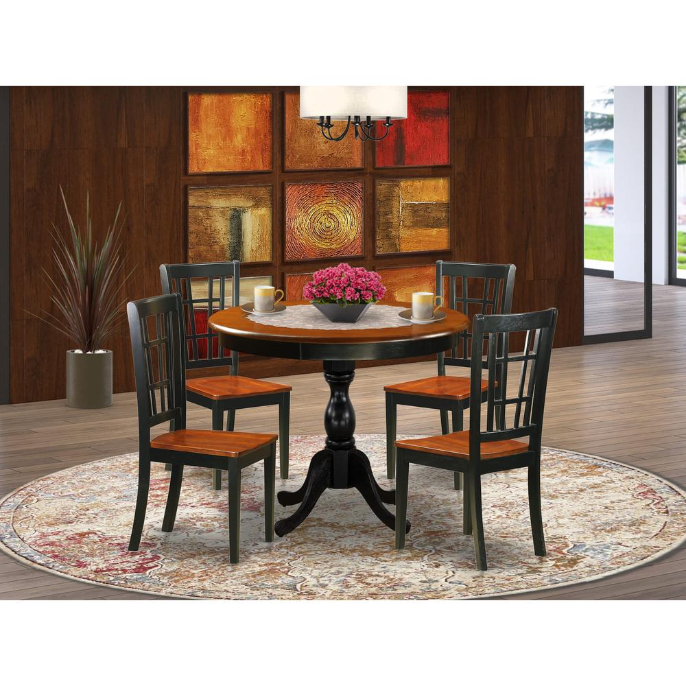 East West Furniture 5-Piece Dining Room Set Include a Wood Table and 4 Dining Chairs with Slatted Back - Black Finish