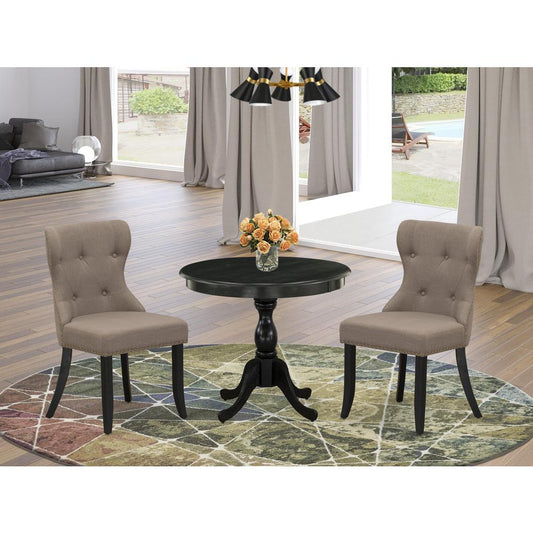 East West Furniture 3 Piece Dining Table Set Contains 1 Dining Room Table and 2 Coffee Linen Fabric Dining Chairs Button Tufted Back with Nail Heads - Wire Brushed Black Finish