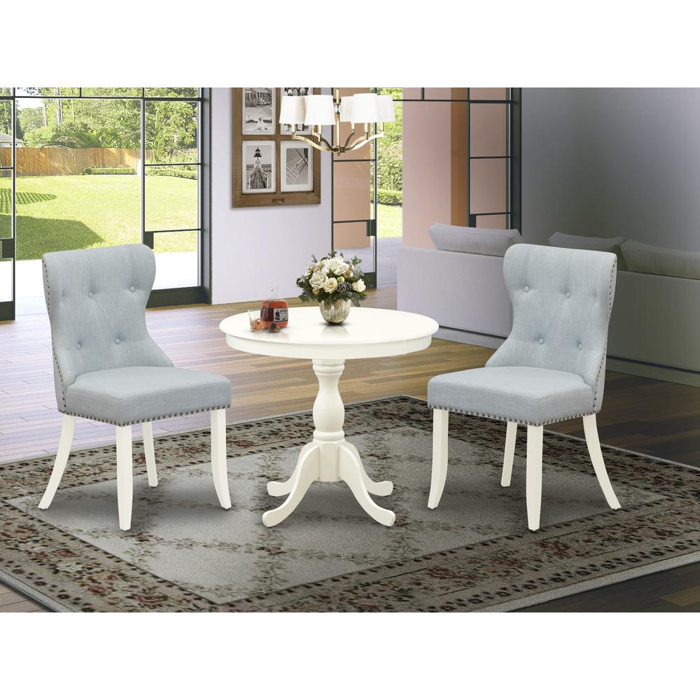 AMSI3-LWH-15 3 Piece Dining Table Set - 1 Pedestal Table and 2 Baby Blue parson chairs - Linen White Finish