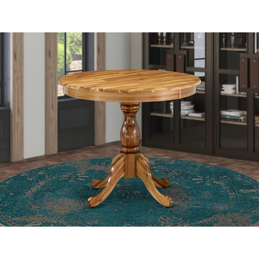 Round Dining Table Natural Acacia Color Table Top Surface and Asian Wood Round Table Pedestal Legs -Natural Acacia Finish