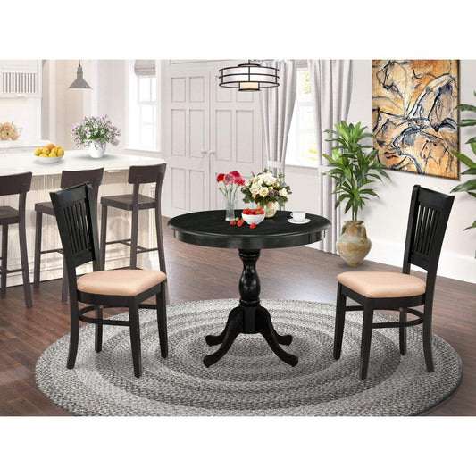 East West Furniture 3-Pc Modern Dining Table Set- 2 Wood Dining Chair and Dining Room Table - Linen Fabric Seat and Slatted Chair Back (Black Finish)