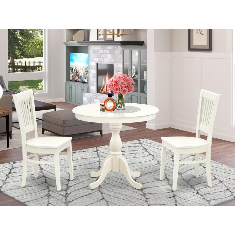 AMVA3-LWH-W - 3-Pc Dining Room Table Set- 2 Dining Room Chair and Dining Table - Wooden Seat and Slatted Chair Back (Linen White Finish)