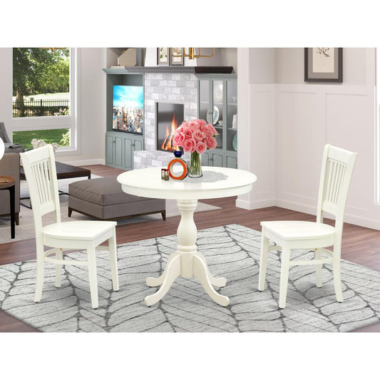 AMVA3-LWH-W - 3-Pc Dining Room Table Set- 2 Dining Room Chair and Dining Table - Wooden Seat and Slatted Chair Back (Linen White Finish)