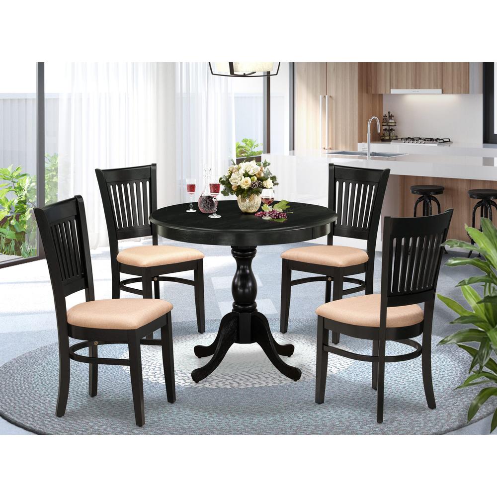 East West Furniture 5-Pc Dining Room Table Set- 4 Kitchen Chair and Modern dining room table - Linen Fabric Seat and Slatted Chair Back (Black Finish)