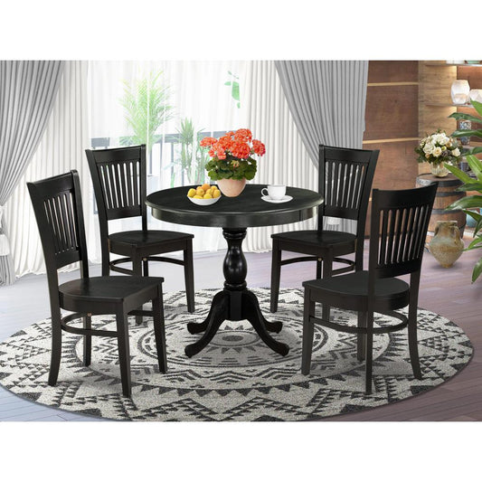 East West Furniture 5-Piece Kitchen Dining Set- 4 Dining Chair and Modern Round Dining Table - Wooden Seat and Slatted Chair Back (Black Finish)