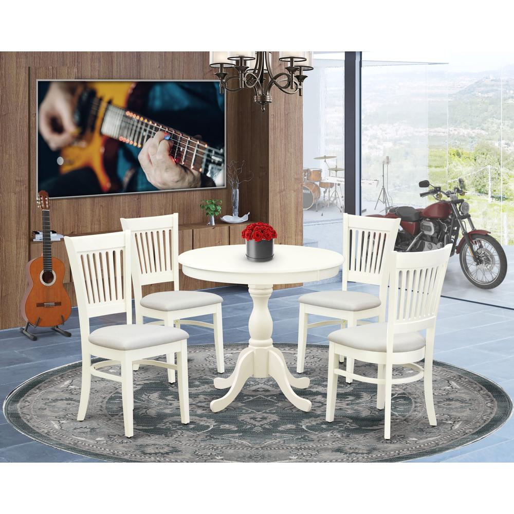 East West Furniture 5-Piece Dinette Room Set- 4 dining room chairs and Wooden Dining Table - Linen Fabric Seat and Slatted Chair Back (Linen White Finish)