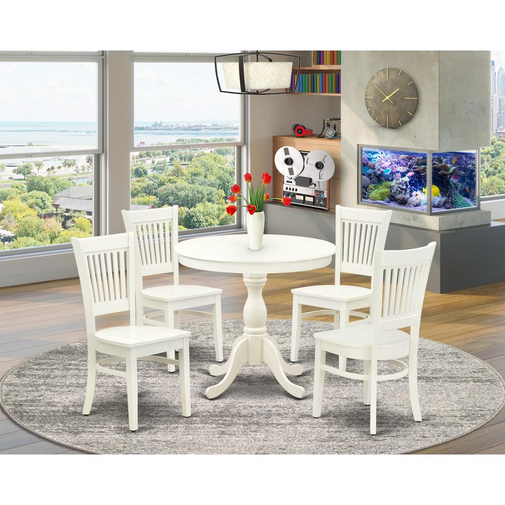 AMVA5-LWH-W - 5-Pc Dinette Set- 4 dining room chairs and Modern dining room table - Wooden Seat and Slatted Chair Back (Linen White Finish)