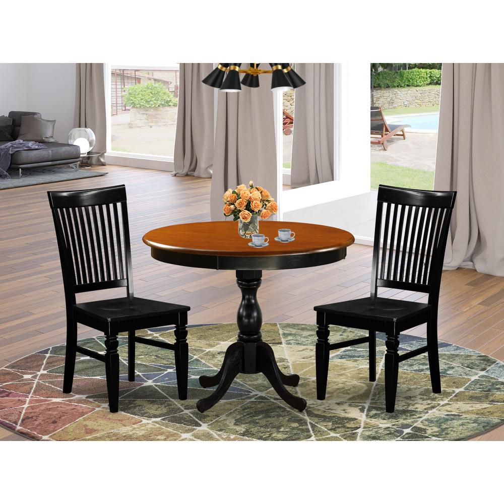 East West Furniture 3-Piece Dining Set Consist of Dinning Table and 2 Dining Chairs with Slatted Back - Black Finish