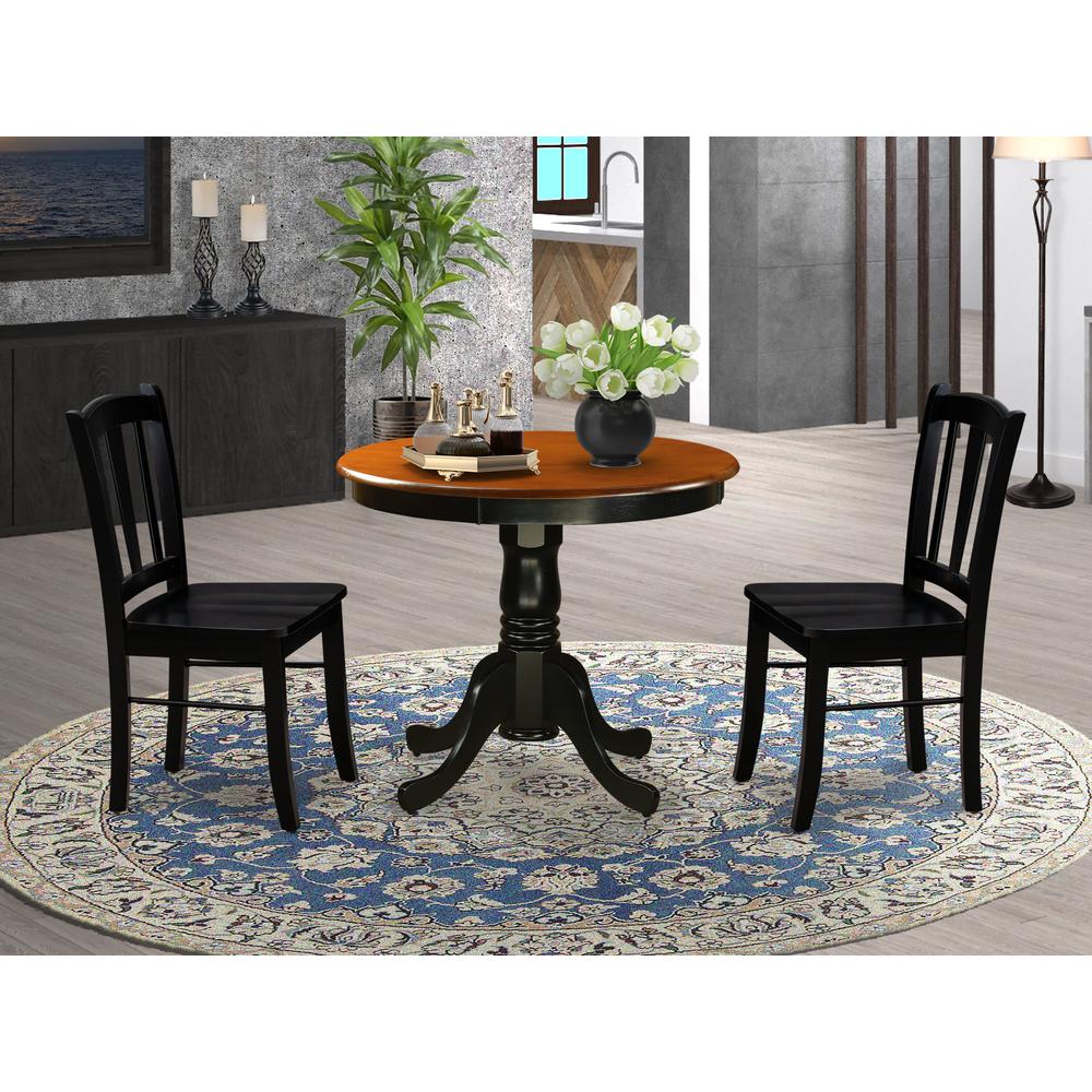 ANDL3-BLK-W - 3-Piece Dining Room Set- 2 Dining Chair and Modern Round Dining Table - Wooden Seat and Slatted Chair Back (Black Finish)