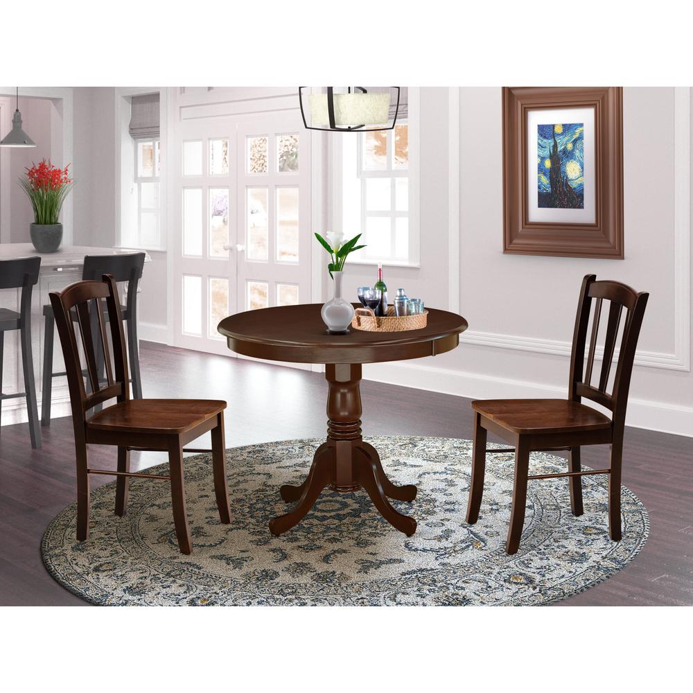 East West Furniture 3-Piece Dinette Room Set- 2 Dining Room Chair and Dining Room Table - Wooden Seat and Slatted Chair Back - Mahogany Finish