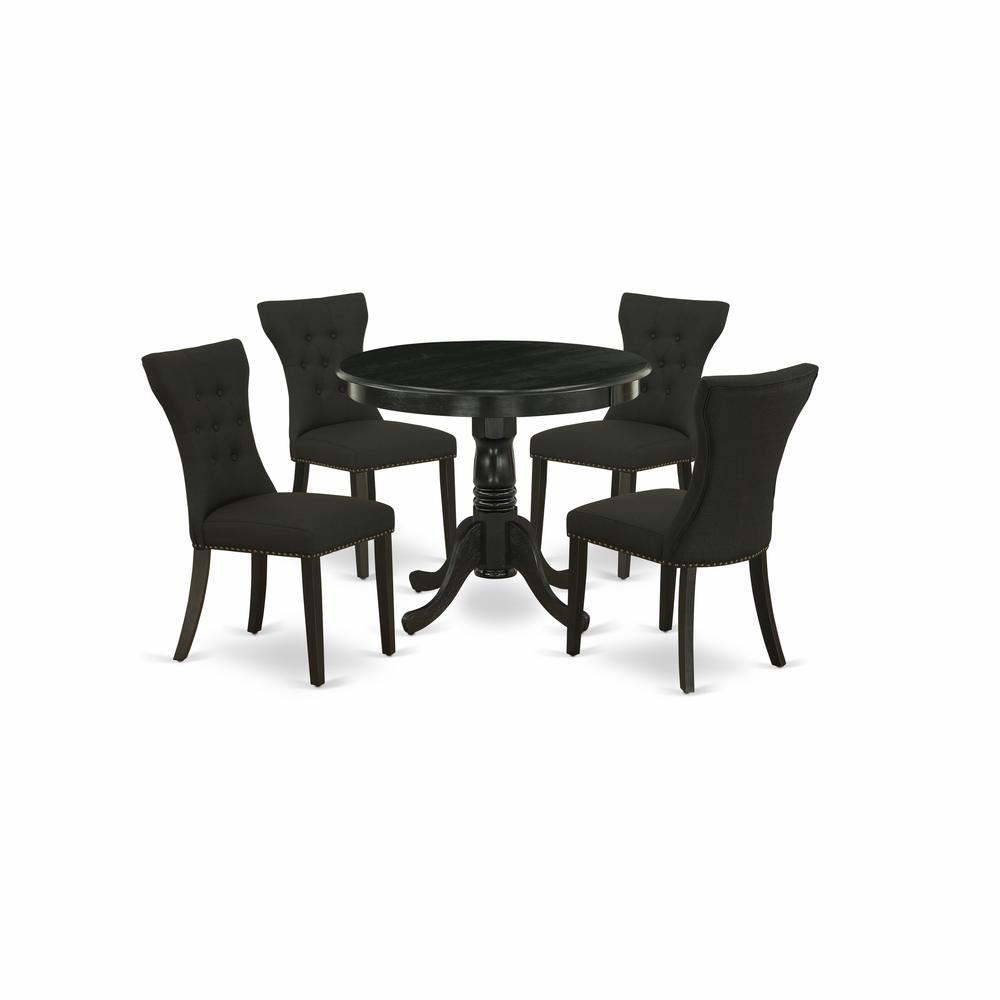 5Pc Dining Set - 36" Round Table and 4 Parson Chairs - Wirebrushed Black Color