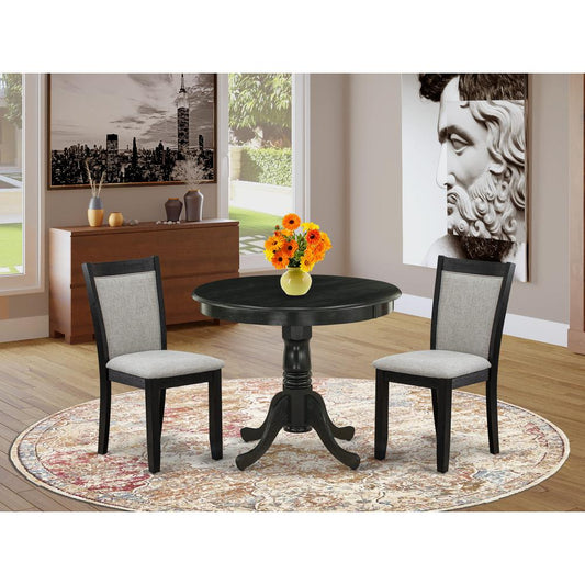 East West Furniture 3-Pc Dining Room Table Set Contains a Wooden Dining Table and 2 Shitake Linen Fabric Modern Dining Room Chairs - Wire Brushed Black Finish