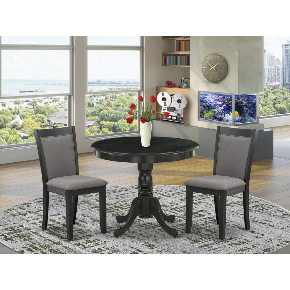 East West Furniture 3-Piece Dinette Room Set Consists of a Wooden Dining Table and 2 Dark Gotham Grey Linen Fabric Upholstered Dining Chairs - Wire Brushed Black Finish