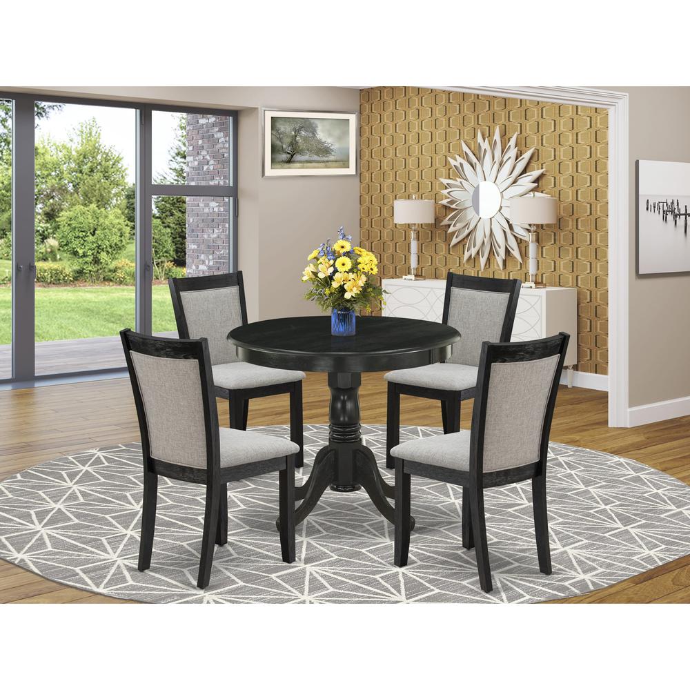 East West Furniture 5-Pc Dining Table Set Includes a Modern Dining Room Table and 4 Shitake Linen Fabric Dining Room Chairs - Wire Brushed Black Finish