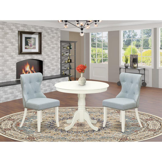 ANSI3-LWH-15 - A dining set of 2 fantastic indoor dining chairs with Linen Fabric Baby Blue color and a gorgeous 36-Inch Antique modern dining table with Linen White color