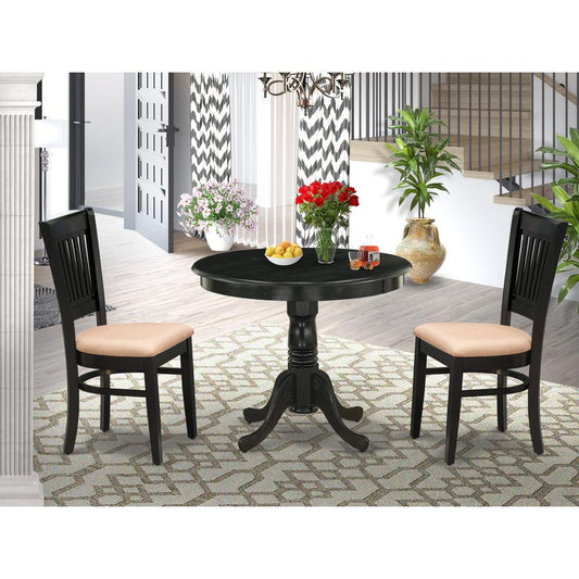 East West Furniture 3-Pc Kitchen Dining Set- 2 Wood Chair and Kitchen Dining Table - Linen Fabric Seat and Slatted Chair Back (Black Finish)