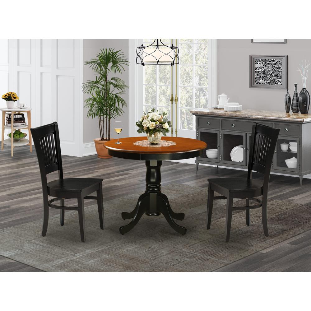 East West Furniture 3-Piece Dining Room Set- 2 Kitchen Chair and Modern dining room table - Wooden Seat and Slatted Chair Back (Black Finish)