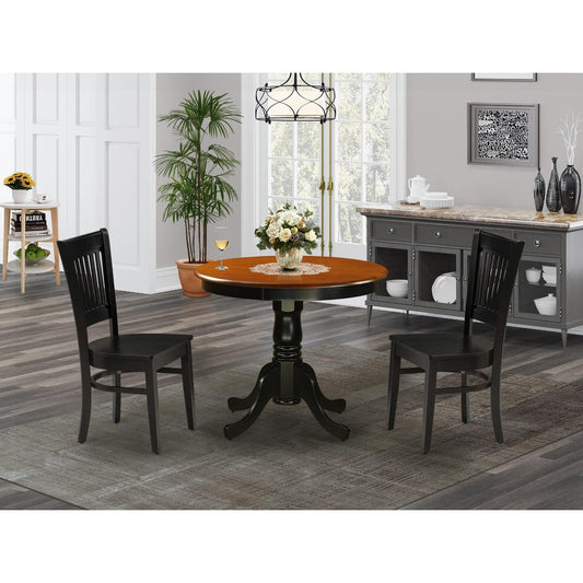 East West Furniture 3-Piece Dining Room Set- 2 Kitchen Chair and Modern dining room table - Wooden Seat and Slatted Chair Back (Black Finish)